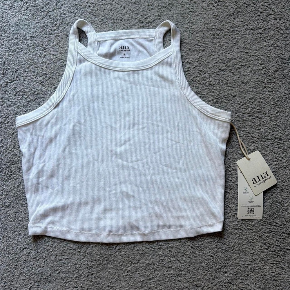 High-Neck White Ribbed Fitted Tank Top, Size M